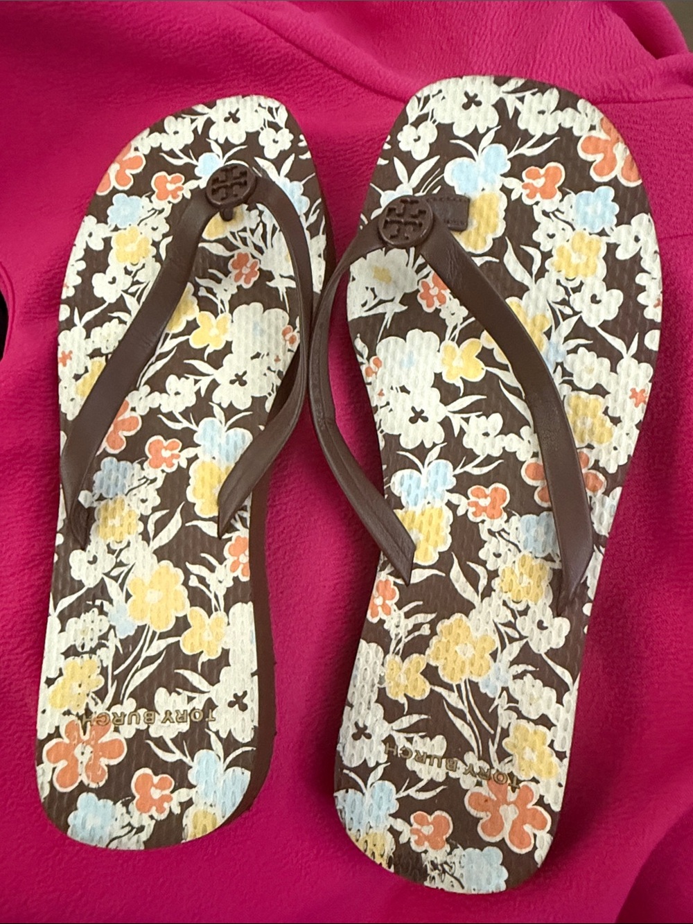 Tory Burch Brown Floral Flip Flop Sandals